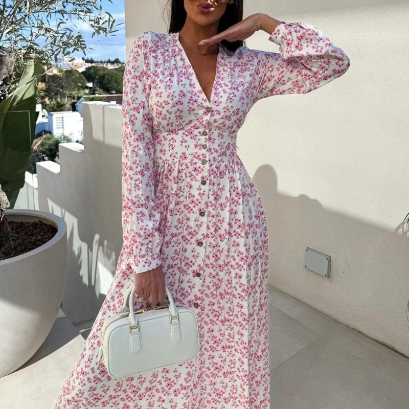 🌷Hot Sale 50% OFF🌸Fashion V-Neck Button Long Sleeve Floral Waist Dresses