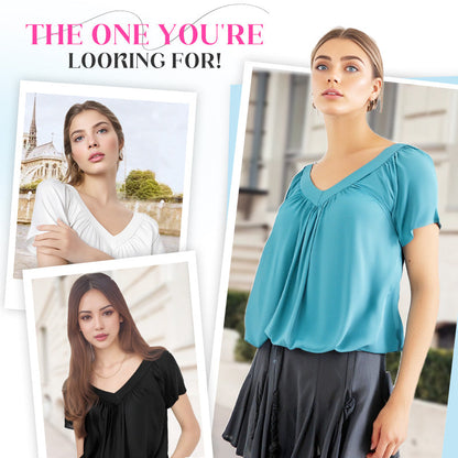 💖LAST DAY SALE 50% OFF💷✨Women's Casual Pleated V-Neck Short-Sleeve Top