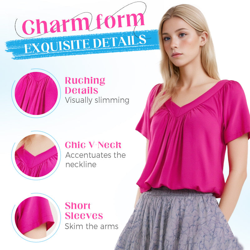 💖LAST DAY SALE 50% OFF💷✨Women's Casual Pleated V-Neck Short-Sleeve Top