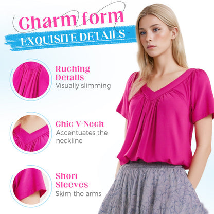 💖LAST DAY SALE 50% OFF💷✨Women's Casual Pleated V-Neck Short-Sleeve Top