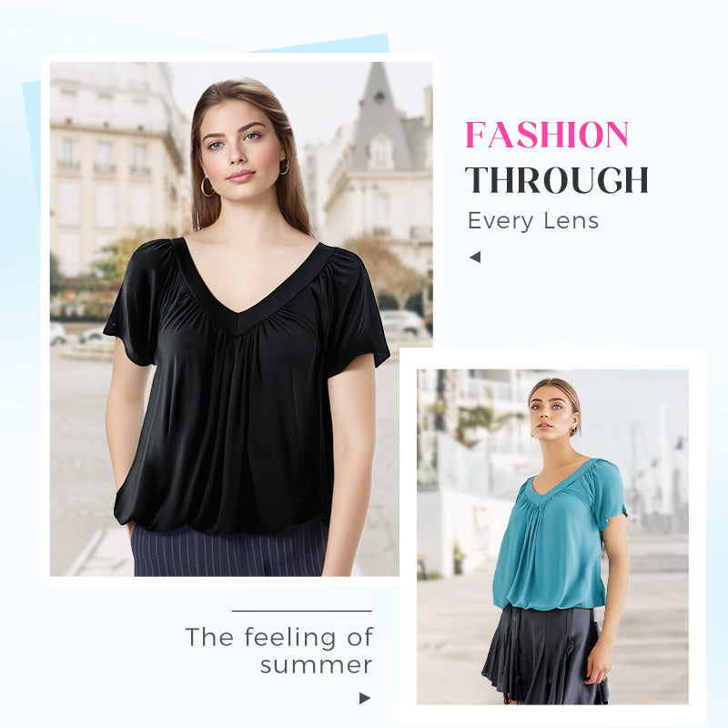 💖LAST DAY SALE 50% OFF💷✨Women's Casual Pleated V-Neck Short-Sleeve Top